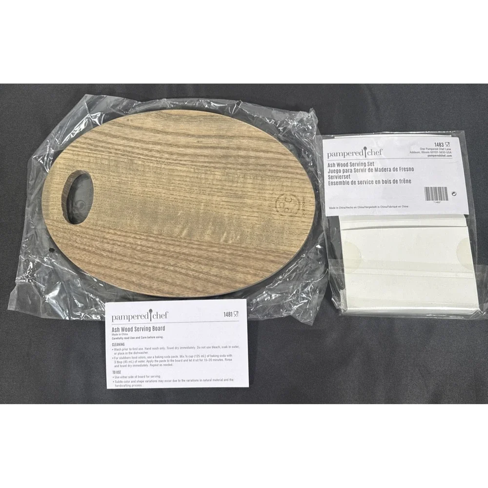 Pampered Chef Ash Wood Serving Board Set Brown Etched Charcuterie 1481 1483